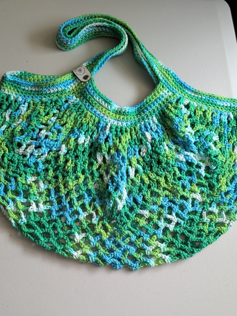 Handmade Crochet Cotton Mesh Market Bag in White, Green & Blue